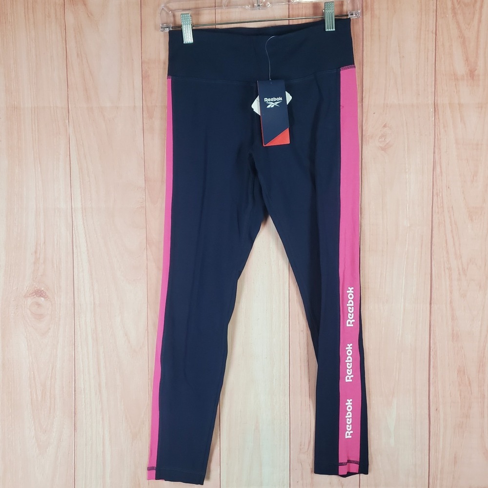 Reebok Essentials Linear Logo Leggings Women Small Navy Blue Pink Gym Training